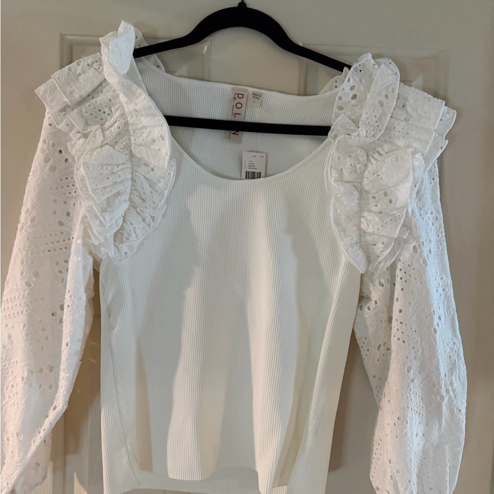 dolan White Eyelet Ruffled Sleeve Blouse